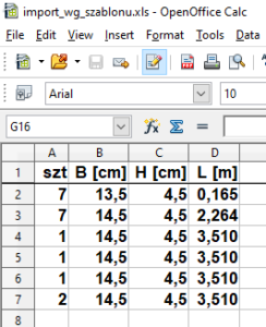 Import wg szablonu zestawienie belek z Excel do bazy - arkusz danych